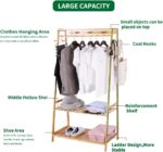 medla Bamboo Clothes Hanging Rack: Storage Clothing Stand with 2-Tier Shelf Free Standing Garment Rack Open Wardrobe with Hooks for Living Room Bedroom - Image 8