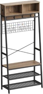 Bestier Clothes Rack with Shoe Bench and LED Light, 4-in-1 Clothes Hanger Stand with Storage Cubes, Industrial Clothing Rack with Hooks & Grid Board for Entryway Bedroom Hallway, Pinewood - Image 8