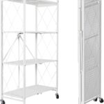 YelaJoy Foldable Standing Shelf with Wheels, 4-Tier Heavy Duty Metal Storage Rack, No Need Install, Units Storage Rack for Kitchen, Garage, Office (White)