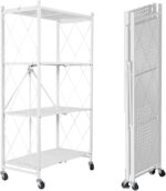 YelaJoy Foldable Standing Shelf with Wheels, 4-Tier Heavy Duty Metal Storage Rack, No Need Install, Units Storage Rack for Kitchen, Garage, Office (White)