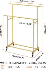 Calmootey Double Rod Clothing Garment Rack,Rolling Hanging Clothes Rack,Portable Clothes Organizer for Bedroom,Living Room,Clothing Store,Gold - Image 3