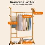 Bamboo Clothes Rack Portable Garment Rack Rolling Coat Rack Clothing Organizer Pant Hat Tree Multifunctional Bedroom Hanging Rack Wardrobe Storage Shelves with Wheels For Entryway Bed Room - Image 4