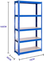 AUTOFU Garage Shelving Unit 5 Tier Garage Warehouse Office Shed Industrial Shelves Heavy Duty Metal Shelf 5 Tier Adjustable Height Boltless Racking Easy to Assemble, 150x70x30cm, Blue