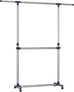 SONGMICS Adjustable Garment Rack Clothes Hanging Rail Stand with Middle Rail - Stainless Steel Clad Pipe LLR41L