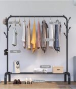Black Metal Clothes Rack, Portable Single Pole Bedroom Clothing Rack with Wheels, Rod and Lower Storage Shelf for Indoor Use - Image 2