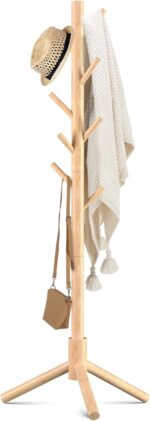 Haddockway Wooden Coat Rack Stand with 8 Hooks New Zealand Pine Adjustable Coat Standing Tree Easy Assembly for Coats, Hats, Scarves and Handbags for Entryway, Hallway, Bedroom, Office
