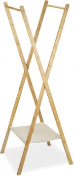 Relaxdays Stand made of Bamboo, Size: 155.5 x 50 x 57.5 cm Wardrobe Coat Hanger w/Practical Rack Shoe Shelf Space-Saving for Garments Laundry Clothing with 2 Wooden Rails, Natural Brown, 58x50x164 cm - Image 9