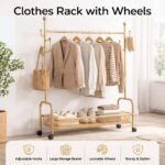 XVersion 120 cm Clothes Rack with Wheels, Metal Garment Rack with Bottom Storage Basket and Side Hooks for Bedroom, Laundry Room and Entryway, Gold - Image 3
