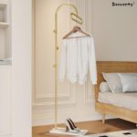 Beauenty Metal Clothes Stand, 175 cm Modern Coat Hanger with 3 Hooks and Durable Slate Base, Freestanding Clothes Hat Hanger Stand for Bedroom, Office, Hallway, Entryway, Living Room (Gold) - Image 4
