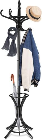 GOFLAME 73" Coat Rack Freestanding, Wooden Coat Tree with 12 Hooks and Umbrella Stand, Entryway Hall Tree, Hat Hanger Organizer, Coat Rack Stand for Coats, Hats, Scarves, Bags, Easy Assembly, Black