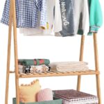 Jotsport Small Clothes Rack Kids Dress Up Storage for Playroom, Toddlers Bedroom, Bamboo Child Garment Rack with 2 Tier Storage Shelf, Kids Clothing Rack Costumes Organizer