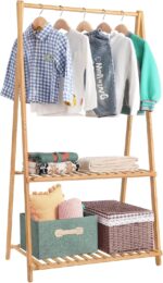Jotsport Small Clothes Rack Kids Dress Up Storage for Playroom, Toddlers Bedroom, Bamboo Child Garment Rack with 2 Tier Storage Shelf, Kids Clothing Rack Costumes Organizer