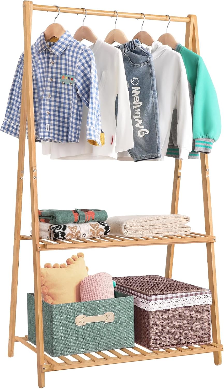 71-BWv8F5LL._AC_SL1500_.jpg Jotsport Small Clothes Rack Kids Dress Up Storage for Playroom, Toddlers Bedroom, Bamboo Child Garment Rack with 2 Tier Storage Shelf, Kids Clothing Rack Costumes Organizer - Image 1