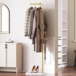 YATINEY L Shaped Glod Coat Rack, Metal Coat Tree, Modern Clothes Rack with 3 Hooks and Thickened Base, Floor Standing Coat Hanger Stand, for Entryway, Living Room, Cloakroom, Gold and White YM01DWY1 - Image 2