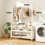 Freestanding Coat Rack with Storage Cabinet, Metal Garment Rack with Lockable Wheels & Wire Mesh Shelf Portable Closet Organizer Hanger Stand for Bedroom, Living Room, Cream White - 120cm - Image 3