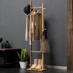 LEOPAX Premium Bamboo Clothes Stand with 3 Hooks for Entryway, Hallway, Bedroom & Office Multipurpose Clothing Stands Storage Organizer Rack - (33 x 24 x 163) CM - Beige