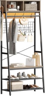 Bestier Clothes Rack with Shoe Bench and LED Light, 4-in-1 Clothes Hanger Stand with Storage Cubes, Industrial Clothing Rack with Hooks & Grid Board for Entryway Bedroom Hallway, Pinewood - Image 7
