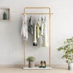 TIEOU Gold Clothes Rack with Shelf, Gold Clothing Racks for Boutiques, Free-Standing Garment Rack for Hanging Clothes,Gold Coat Rack, Small Metal Clothes Rack Heavy Duty, Industrial Clothing Rack Gold