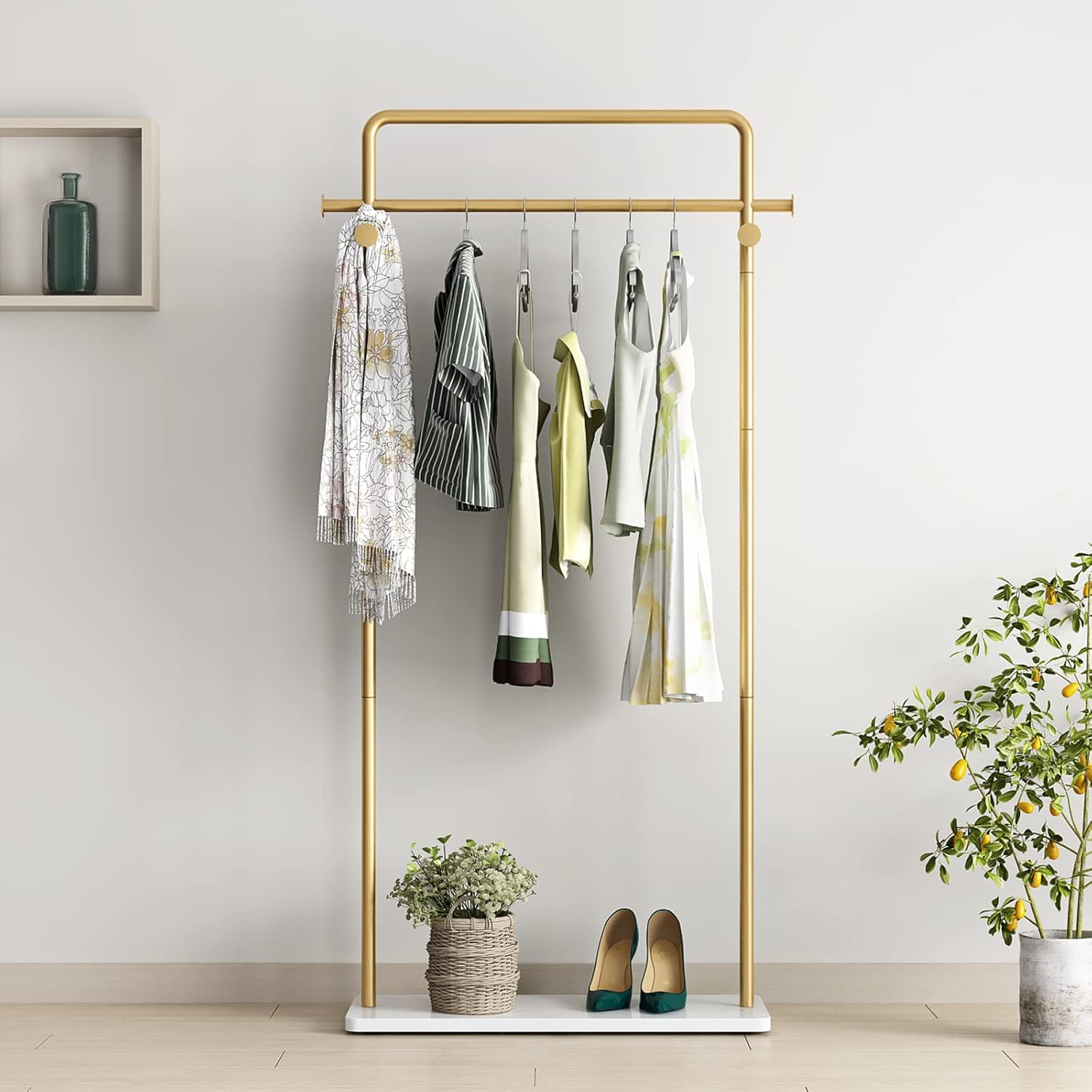 7131nPoCFfL._AC_SL1500_.jpg TIEOU Gold Clothes Rack with Shelf, Gold Clothing Racks for Boutiques, Free-Standing Garment Rack for Hanging Clothes,Gold Coat Rack, Small Metal Clothes Rack Heavy Duty, Industrial Clothing Rack Gold - Image 1