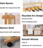 medla Clothing Rail with Wheels: Rolling Clothes Hanger Stand Double Rod Portable Clothes Rack on Wheels with Bottom Shelf for Shoe Storage Wooden Standing Garment Organizer for Bedroom Balcony - Image 6