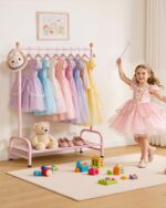 Sakugi Clothes Rack - Sturdy Metal Kids Clothing Rack with Bottom Storage Shelf & Adjustable Feet, Dress Up Storage for Toddler's Bedrooms, Nurseries, Playrooms, 31" x 12.5" x 47.8", Pink - Image 3