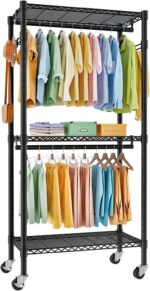 Wire Garment Rack, Heavy Duty Rolling Clothes Rack for Hanging Clothes, 3 Tiers Adjustable Metal Clothing Rack with Storage Shelves and Lockable Wheels (Black, 81 x 41 x 210 cm)