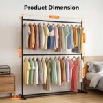 SKY-TOUCH Double Rod Clothing Garment Rack : Double Level Clothes Rack Organizer with Bottom Shelf Large Load Capacity Metal Clothing Rack for Bedroom Hanging Clothes (150 * 182 * 40cm Black) - Image 2