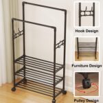 YelaJoy Clothes Rack for Hanging Clothes, Portable Rolling Garment Rack, Sturdy Metal Freestanding Cloths Racks with Wheels, Double Rods Wardrobe Racks for Bedroom Laundry Living Room (White) - Image 6