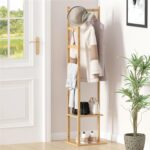 medla Bamboo Clothes Hanger Stand: Wood Cloth Rack with 3 Hanging Hooks and 2 Tier Shoe and Bag Storage Shelves Free Standing Coat Organizer for Hallway Home Office - Image 2