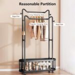 Double Rod Metal Clothes Rack with Wheels & Storage Basket, Heavy Duty Freestanding Garment Rack with Side Hooks, Rolling Coat Rack Organizer for Bedroom Laundry Room Home Storage - Image 2