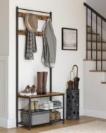 Vasagle Coat Rack Stand, Industrial Coat Tree, Hallway Shoe Rack And Bench With Shelves, Hall Tree With Hooks, Matte Metal Frame, Height 175 cm Rustic Brown Hsr41Bx - Image 9