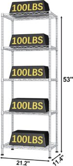 HOMEFORT 5-Shelving Unit, Adjustable Wire Shelving, Metal Wire Shelf Rack Organizer for Kitchen, Pantry, Closet, Bathroom, Laundry,Sliver,21" W x 11" D x 53" H - Image 3