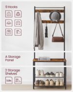 Vasagle Coat Rack Stand, Industrial Coat Tree, Hallway Shoe Rack And Bench With Shelves, Hall Tree With Hooks, Matte Metal Frame, Height 175 cm Rustic Brown Hsr41Bx - Image 8
