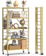 5 Tier Foldable Storage Shelves, Expandable Folding Shelving Units with Wheels, Changeable into 2 Shelf Units, Collapsible Adjustable Storage Rack Metal Shelves for Storage, Pantry, Garage, Gold - Image 3