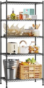 5 Tier Storage Shelves, Heavy Duty Wire Shelving Unit with Height Adjustable Shelves, Pantry Shelves with S Hooks, Sturdy Metal Storage Racks for Kitchen Bathroom Pantry Closet (Black, 60x35x150cm)