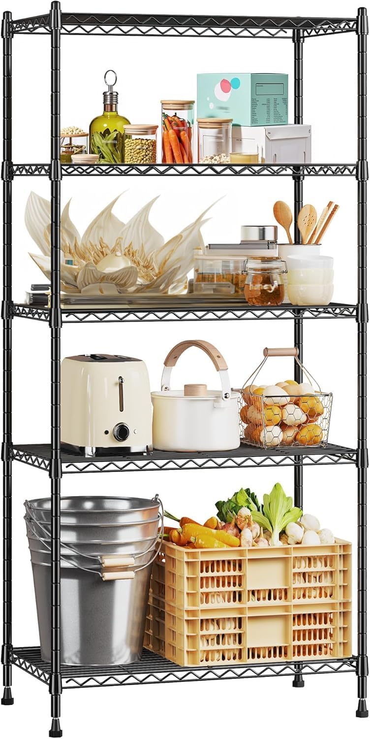 717nnj8KnqL._AC_SL1500_.jpg 5 Tier Storage Shelves, Heavy Duty Wire Shelving Unit with Height Adjustable Shelves, Pantry Shelves with S Hooks, Sturdy Metal Storage Racks for Kitchen Bathroom Pantry Closet (Black, 60x35x150cm) - Image 1
