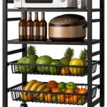 Kitchen Storage Shelves with Wheels Adjustable Metal Shelves Utility Cart Microwave Storage Pantry Shelves Storage Rack Shelving Unit Organizer for Kitchen Basement Pantry Garage (Black 4 Tier)