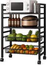 Kitchen Storage Shelves with Wheels Adjustable Metal Shelves Utility Cart Microwave Storage Pantry Shelves Storage Rack Shelving Unit Organizer for Kitchen Basement Pantry Garage (Black 4 Tier)