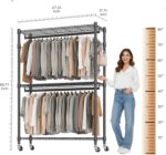 BATHWA Heavy Duty Rolling Garment Racks, 25mm Metal Pipe, 47.3" W x 17.7" D x 80.7" H Large Tall Portable Wardrobe Closet with 2 Rods, Wide Adjustable Shelves and Hangers, Clothing Hanging Storage - Image 4