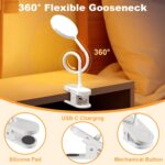97 LED Rechargeable Reading Lamp, 3 Color Modes & 10 Brightness Levels, 2000mAh Clamp Lamp with USB-C, 40CM Flexible Gooseneck, Cordless Book Lamp Clamp Light for Bed, Table, Desk - White - Image 3