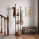 Solid Wood Rotary Coat Rack, Freestanding Coat Rack with 3 Shelves and 9 Hooks, Coat tree for Bedroom Entryway Livingroom Coat Hanger Stand for Coats Scarves, Handbags (Walnut) - Image 8
