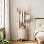 CycleCrew Solid Wood Coat Rack with Fabric Basket - Coat Hanger Stand Coat Tree Rack Freestanding with 9 Hooks Wheels, Small Clothes Rack For Entryway Bedroom Hallway Living Room - Image 6
