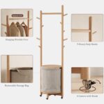 CycleCrew Solid Wood Coat Rack with Fabric Basket - Coat Hanger Stand Coat Tree Rack Freestanding with 9 Hooks Wheels, Small Clothes Rack For Entryway Bedroom Hallway Living Room - Image 4