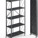 Fenbeli 5 Tier Storage Shelf with Wheels - Metal Collapsible Shelving Unit Display, Heavy Duty Folding Shelves, No Assembly Organizer Rack for Garage Kitchen, Basement, Pantry (Black, 5 Tier)