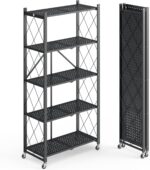 Fenbeli 5 Tier Storage Shelf with Wheels - Metal Collapsible Shelving Unit Display, Heavy Duty Folding Shelves, No Assembly Organizer Rack for Garage Kitchen, Basement, Pantry (Black, 5 Tier)