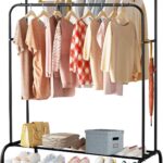 bpa 2 Storage shelf Stand with 2 Clothes Rail and Rolling - Black