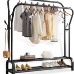 Metal Garment Rack, علاقة ملابس, Freestanding Hanger Double Rails, Heavy Duty Drying Rack with 2-Tier Lower Storage Shelf, Hanging Clothes Rail for Bedroom (Black)