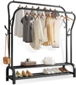 Metal Garment Rack, علاقة ملابس, Freestanding Hanger Double Rails, Heavy Duty Drying Rack with 2-Tier Lower Storage Shelf, Hanging Clothes Rail for Bedroom (Black)