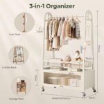 Freestanding Coat Rack with Storage Cabinet, Metal Garment Rack with Lockable Wheels & Wire Mesh Shelf Portable Closet Organizer Hanger Stand for Bedroom, Living Room, Cream White - 120cm - Image 7