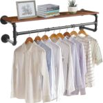 medla Clothes Rack Wall Mounted: Industrial Pipe Cloth Hanging Stand with Top Shelf Heavy Duty Clothing Hanger Rod Iron Garment Storage Bar Laundry Drying Rail for Wardrobe Bedroom Closet 100cm Long